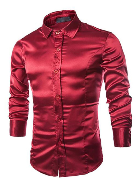 Image of Long Sleeve Shirt Satin Formal Shirt Regular Fit Men Dress Shirt