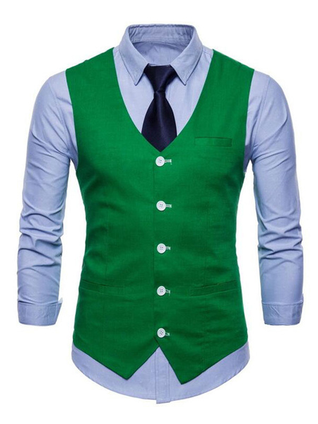 Men Suit Vest V Neck Cotton Linen Pocket Regular Fit Casual Waistcoat