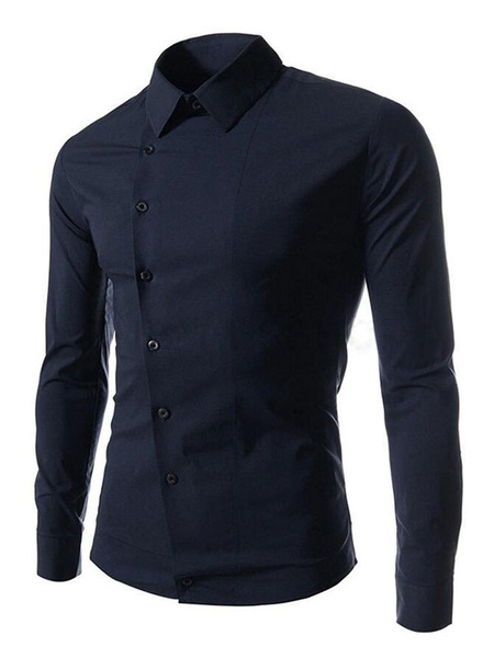 Image of Men Casual Shirt Cotton Navy Blue Top Surplice Long Sleeve Shirt