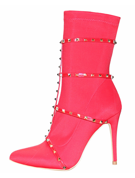 Milanoo Red Ankle Boots High Heel Booties Pointed Toe Rivets Strappy Stretch Boots