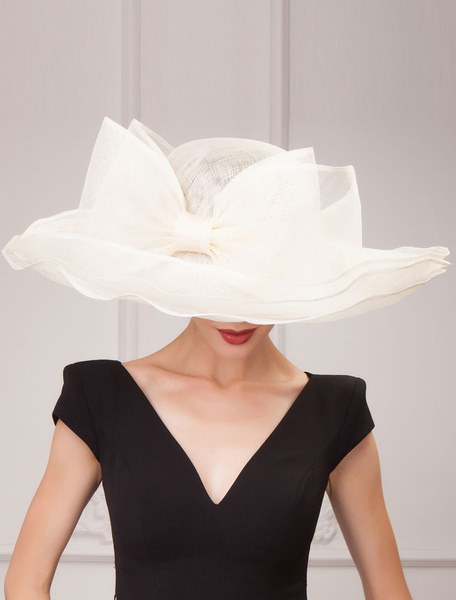 Image of Vintage Hat Linen Wide Brim Retro Headpieces Ecru White Cap Women Fascinator Hat