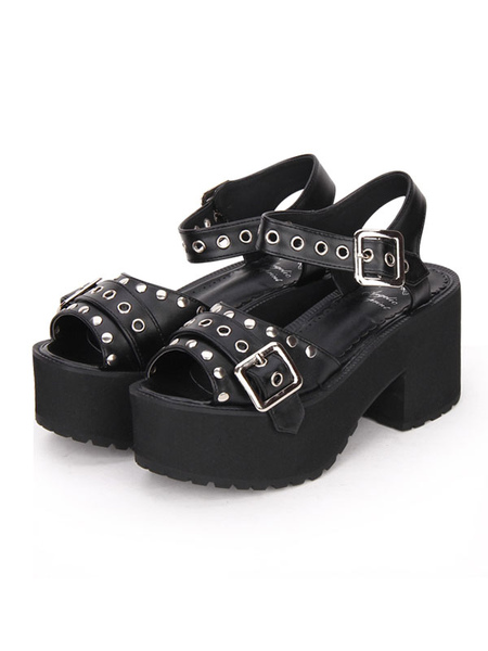 Image of Punk Lolita Sandals Metallic Buckle Rivet Grommet Platform Chunky Heel Black Lolita Calzature