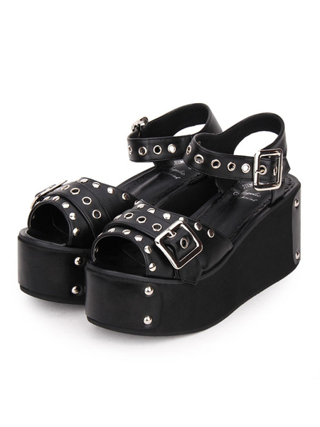 Image of Punk Lolita Sandals Metallic Rivet Grommet Platform Wedge Heel Black Lolita Shoes