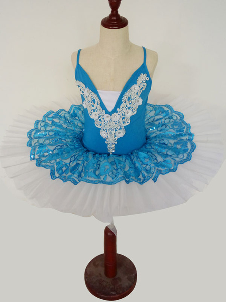 Image of Carnevale Costume da ballo di balletto di ballerina di applique di pizzo blu pieghettato Halloween