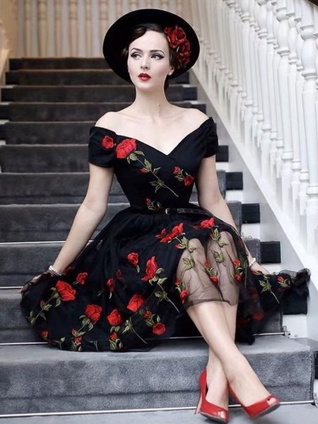 robe vintage noire robe année 50 hors de l&apos;épaule fleur brodée avec tulle robe de bal