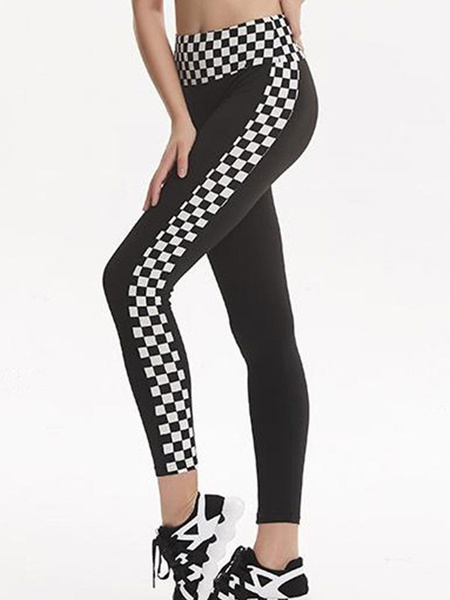 Image of Women Black Leggings Checkerboard Print High Waist Skinny Leggings