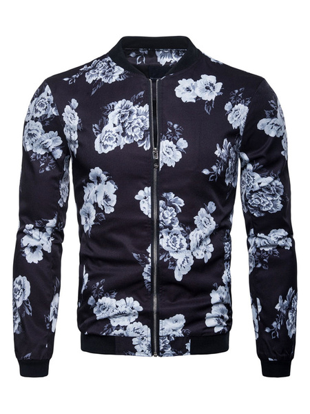 Image of Black Bomber Jacket Floral Print Zip Up Slim Fit Men Casual Jacket