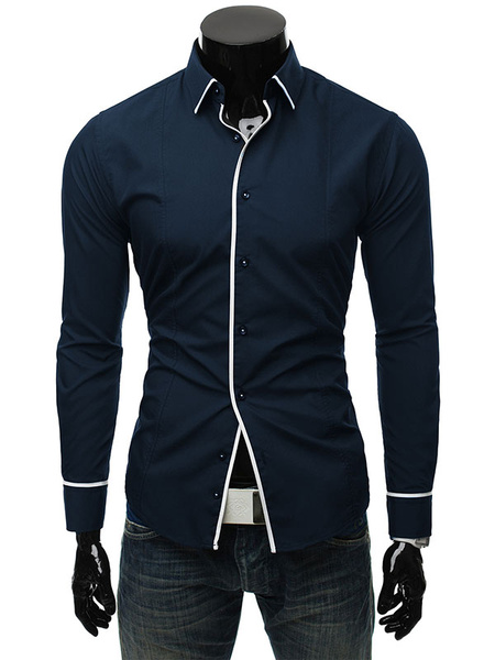 Image of Black Casual Shirt Two Tone Piping Slim Fit Long Sleeve Men Shirt