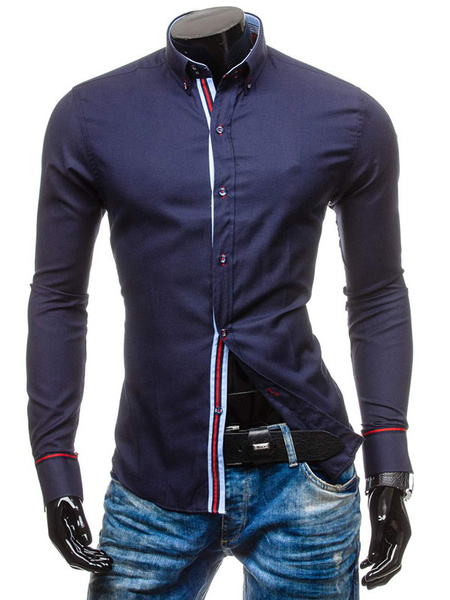 Image of Long Sleeve Shirt Stripe Turndown Collar Slim Fit Men Casual Shirt