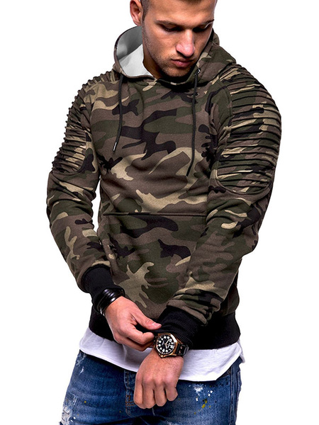Image of Long Sleeve Hoodie Camo Print Ruched Slim Fit Hooded Men Casual Pullover Sweatshirt