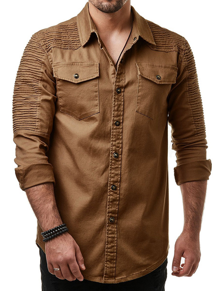 Image of Casual Denim Shirt Metallic Button Ruched Pocket Cargo Shirt Men Long Sleeve Shirt