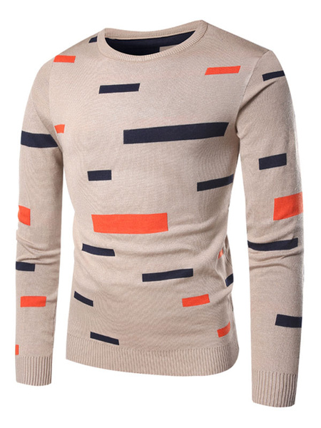 Image of Men Pullover Sweater Geometric Pattern Slim Fit Khaki Knit Sweater
