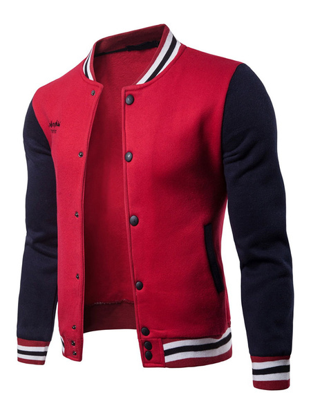 Image of Men Varsity Jacket Embroidery Stripe Two Tone Slim Fit Long Sleeve Bomber Jacket