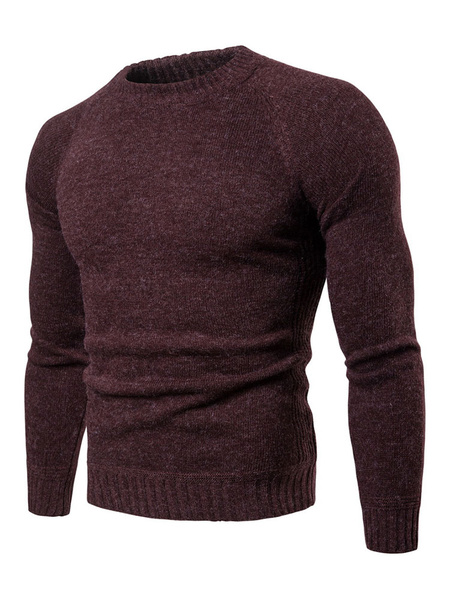 Image of Men Knit Sweater Crewneck Long Sleeve Slim Fit Light Tan Pullover Sweater