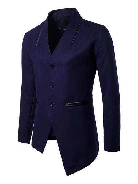 Image of Men Casual Outcoat V Neck Button Up Irregular Design Cotton Fall Coat