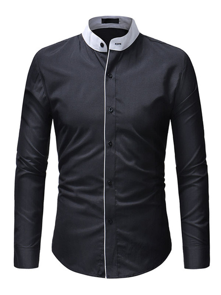 Image of Long Sleeve Shirt Stand Collar Two Tone Slim Fit Men Casual Shirt
