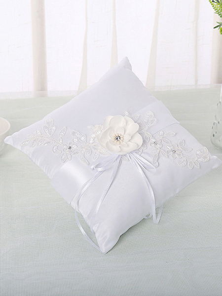Milanoo Ring Bearer Pillow White Lace Flowers Ribbon Wedding Pillows