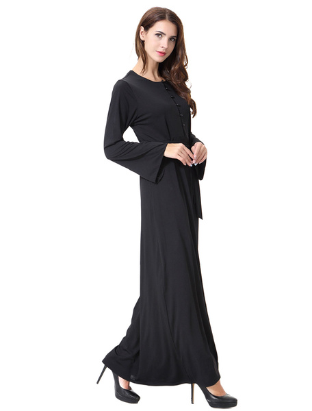 Image of Black Maxi Dress Long Sleeve Buttons Casual Muslim Dress