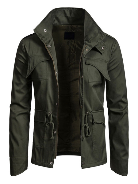 Image of Men Utility Jacket Plus Size Drawstring Pocket Trucker Jacket Long Sleeve Field Jacket
