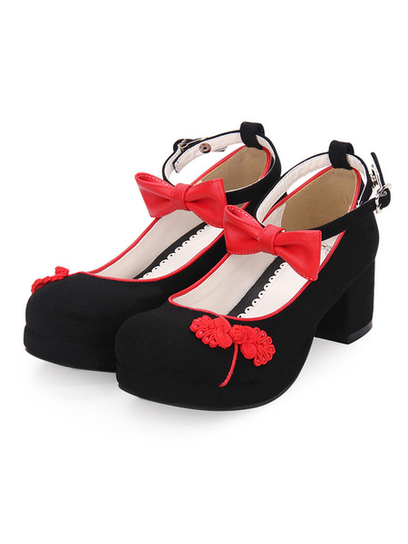 Milanoo Chinese Style Lolita Footwear Embroidery Bow Two Tone Ankle Strap Terry Chunky High Heel Lol