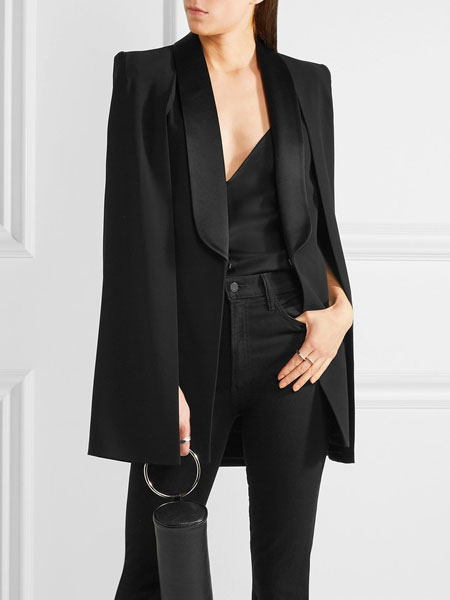 Image of Black Cape Blazer Women Long Sleeve Shawl Collar Blazer Jacket