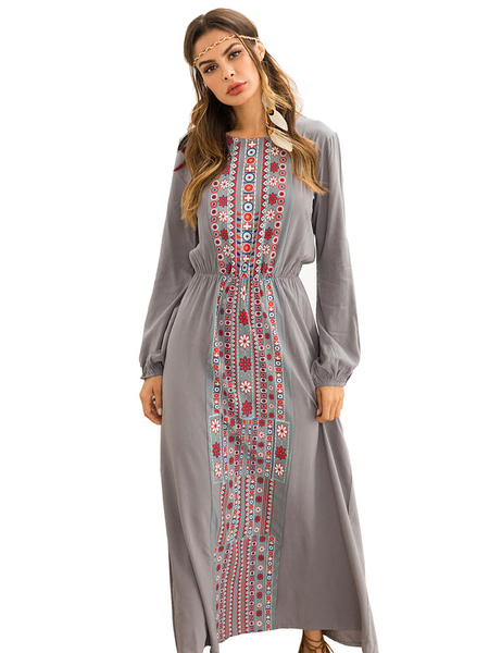 

Milanoo Maxi Boho Dress Long Sleeve Dress Scoop Neck Embroidered Fall Dress, Khaki;grey