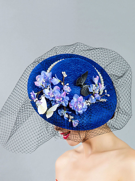 Image of Royal Wedding Headpieces Royal Blue Fascinator Hat With Veil