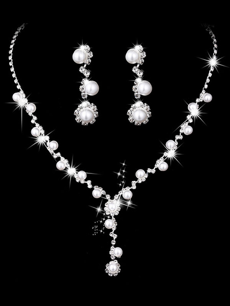 Milanoo Pearls Wedding Jewelry Set Silver Rhinestones Bridal Vintage Necklace And Earrings