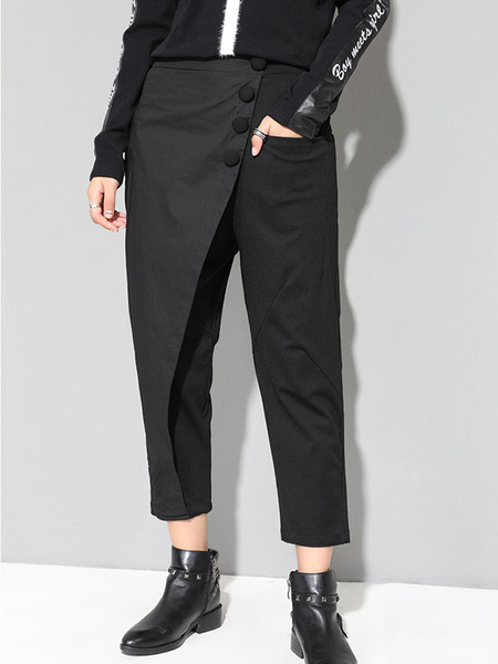 Image of Women Black Trousers Buttons Solid Color Cropped Pants