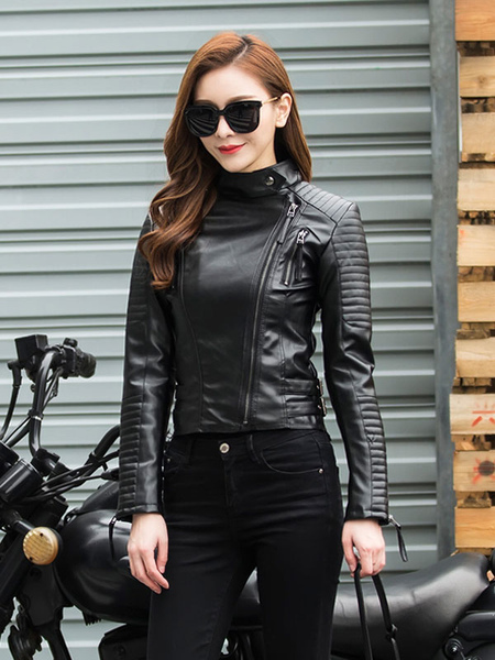 Image of Black Moto Jacket Leather Like Zipper Buckle Women Biker Jacket