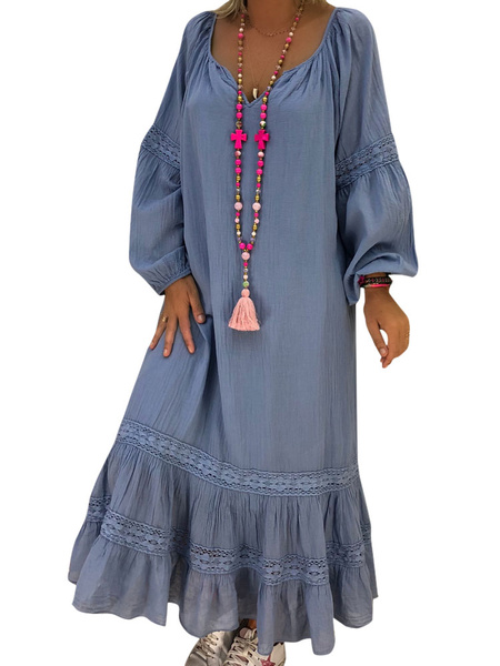 Image of Oversized Maxi Dress Long Sleeve Boho Dress Notched Neck Cotton Fall Dress