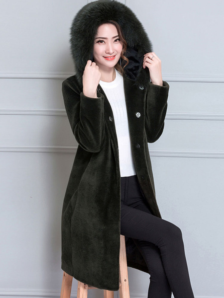 Faux Fur Hooded Coat Women Velour Coat Longline Winter Coat
