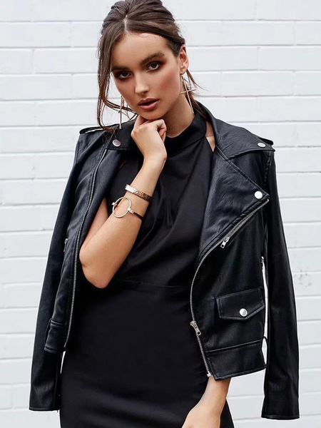 Image of Black Moto Jacket Leather Like Letters Embroidered Pockets Women Biker Jacket