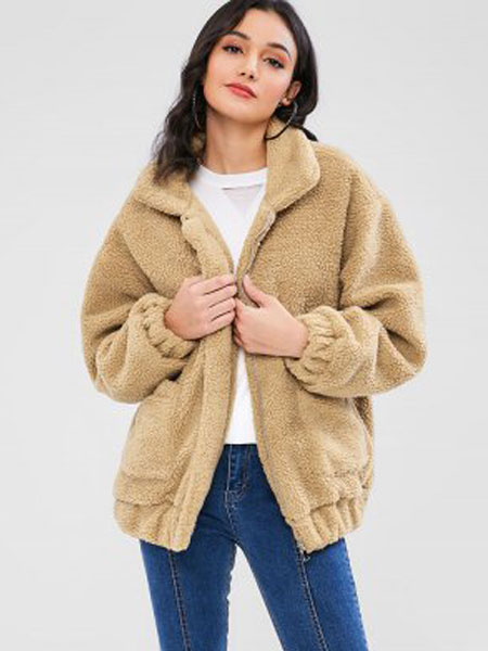 Image of Women Faux Fur Coat Teddy Bear Coat Turndown Collar Light Tan Pockets Winter Coat