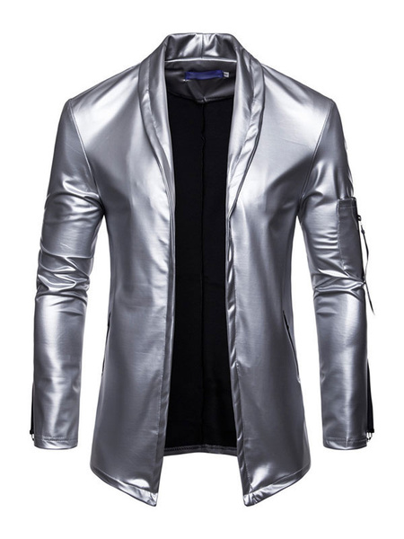 Image of Men Casual Jacket Shawl Lapel Zipper Decor Slim Fit Long Sleeve PU Jacket