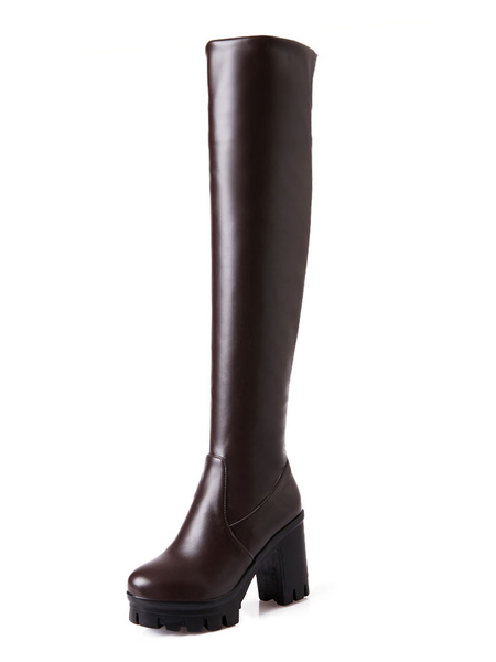 Milanoo Womens Thigh High Boots Round Toe Chunky Heel Over The Knee Boots
