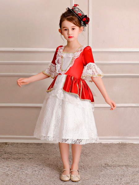 Milanoo Kids Retro Costume Halloween Little Girls Royal Rococo Dress White Lace Half Sleeve Vintage