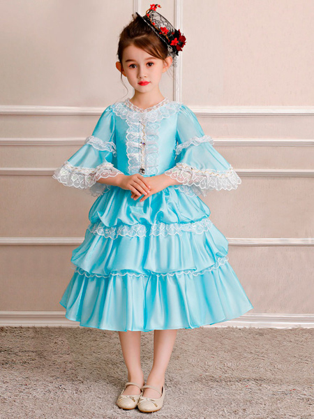 Milanoo Kids Retro Costume Halloween Little Girls Rococo Dress Blue Ruffles Lace Bows Half Sleeve Vi