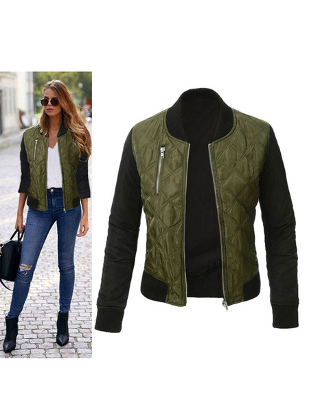 Image of Women Bomber Jacket Cotton Filled Zipper Two Tone Quilted Jacket