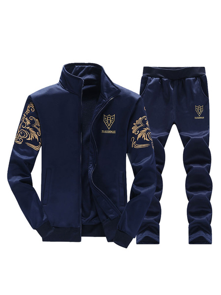 Image of Men Sports Wear Navy Blue Plus Size Print Stand Collar Track Jacket With Sweat Pant