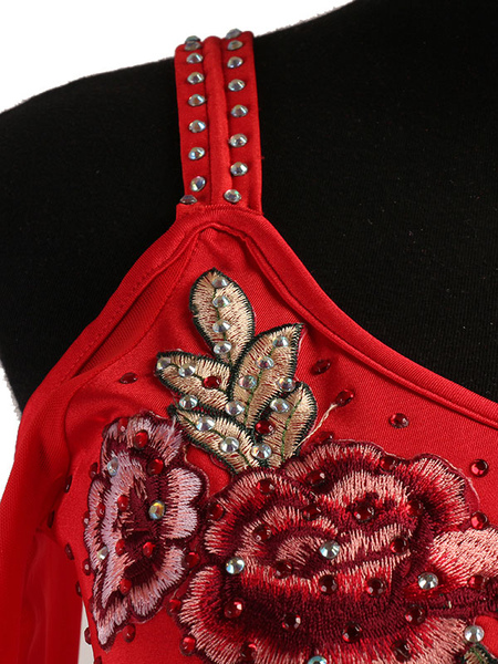 Image of Carnevale Costume da ballo latino rosso manica lunga donna a maniche corte ricamato in rilievo corto vestito da ballo latino Halloween