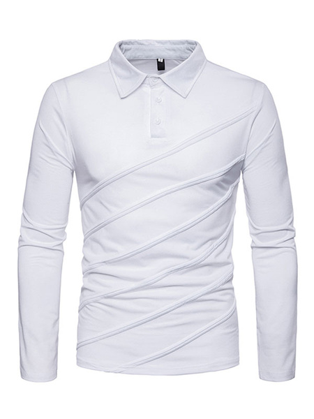 Image of Men Polo Shirt Vertical Stripe Button Decor Turndown Collar Long Sleeve Casual T Shirt
