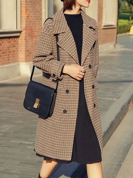 Image of Women Plaid Peacoat Turndown Collar Buttons Pockets Brown Chester Coat