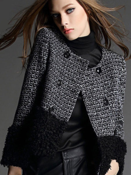 Image of Women Black Jacket Buttons Faux Fur Tweed Winter Jacket