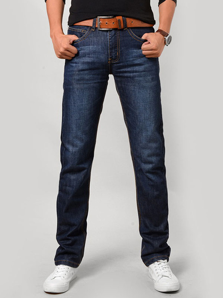 Image of Straight Leg Jeans Blue Distressed Blue Denim Jean For Men