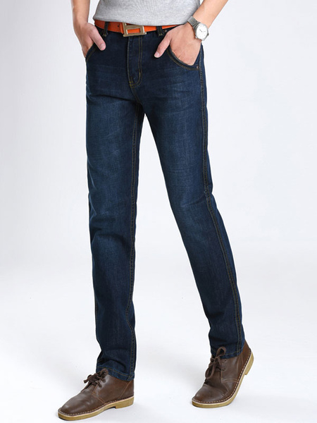 Image of Straight Leg Jeans Blue Distressed Solid Color Denim Jean For Men