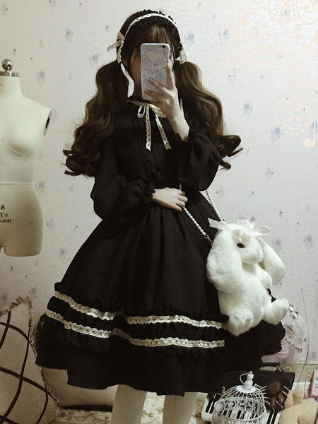 Milanoo Classic Lolita OP Dress Bow Ruffl Two Tone Lolita One Piece Dress