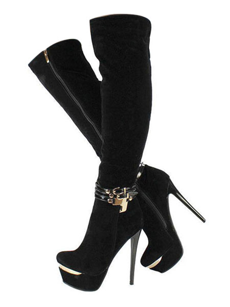 Milanoo Black Sexy Shoes Platform Almond Buckle Detail Zip Up High Heel Over The Knee Boots