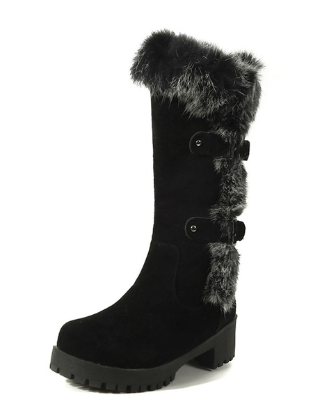 Milanoo Black Winter Boots Suede Round Toe Fur Detail Chunky Heel Mid Calf Boots