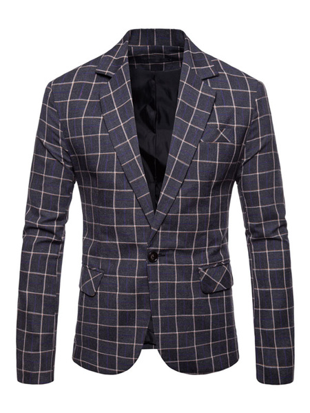 Image of Men Casual Blazer Checkered Pattern Notch Collar One Button Blazer Jacket